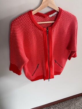Cabi Red White Textured Knit Zip Front Cardigan Sweater Split Back Small
